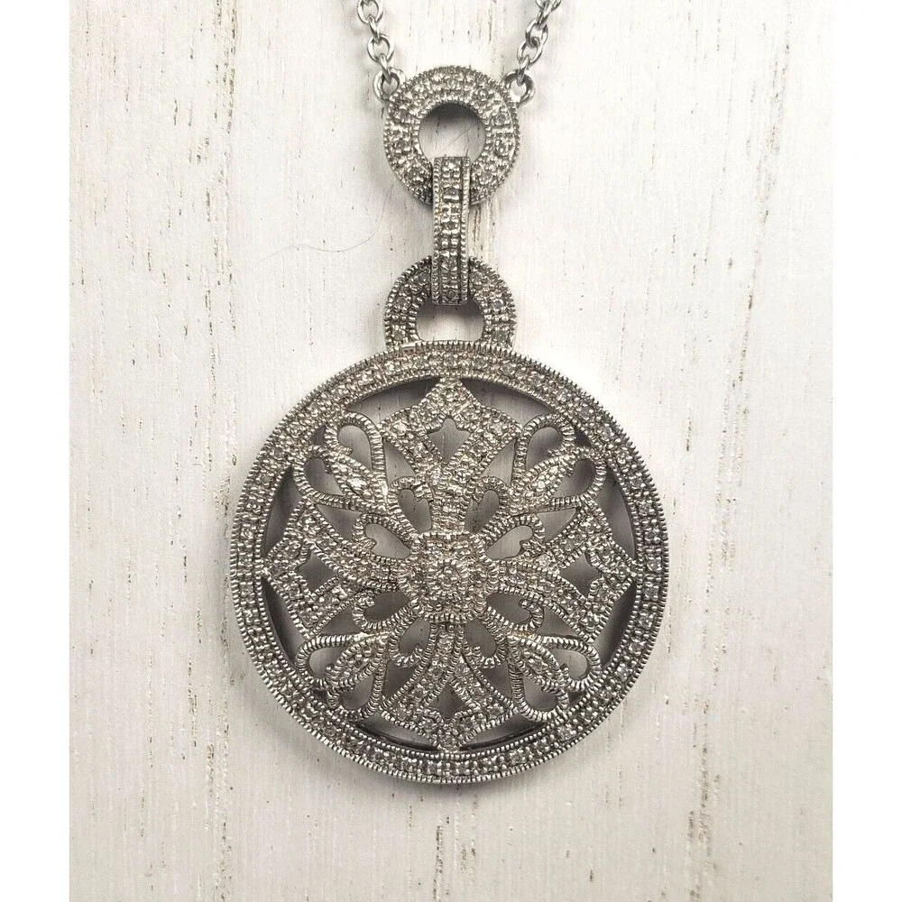 Vintage 925 Sterling Silver w Diamond Circle Cross Hearts Pendant Chain Necklace - Picture 5 of 16